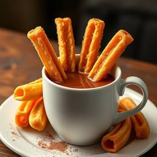 Churros con Chocolate, churros fritos servidos con una taza de chocolate caliente