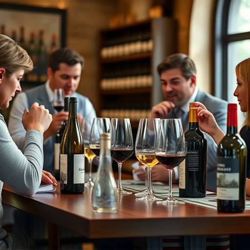 Imagen de una cata de vinos con copas y botellas en la mesa, expertos explicando los vinos