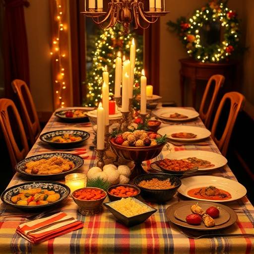 Imagen de una mesa festiva con platos navide&ntilde;os espa&ntilde;oles tradicionales.