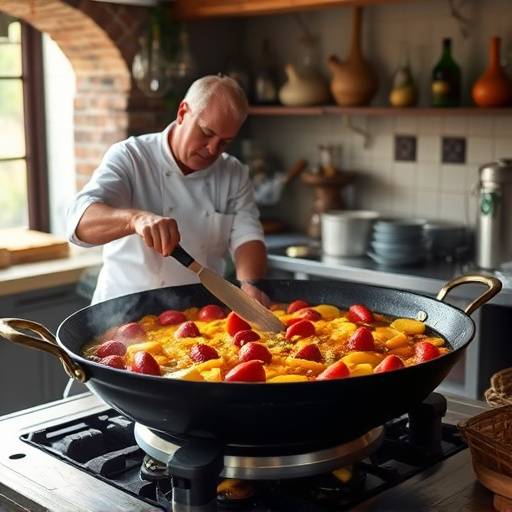 Imagen del chef preparando paella en una paellera gigante durante un curso de cocina