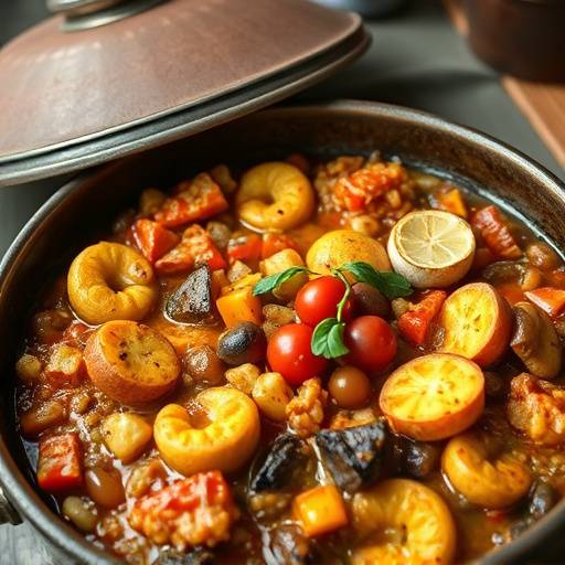 Paella valenciana tradicional servida en un plato de barro.