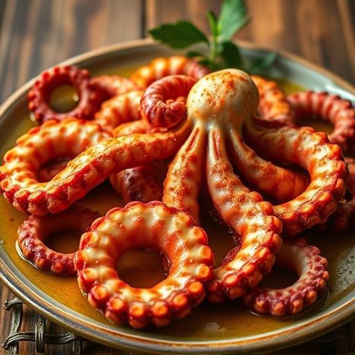 Un plato de Pulpo a la Gallega tradicional con piment&oacute;n y aceite de oliva.
