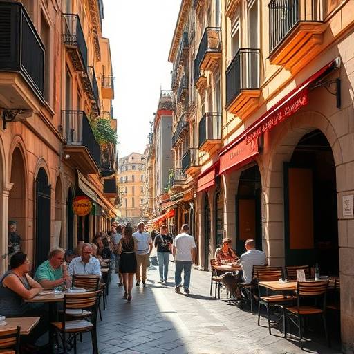 Una calle con restaurantes en el centro de Sevilla