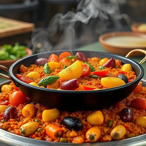 Una deliciosa Paella Valenciana servida en una paellera tradicional.