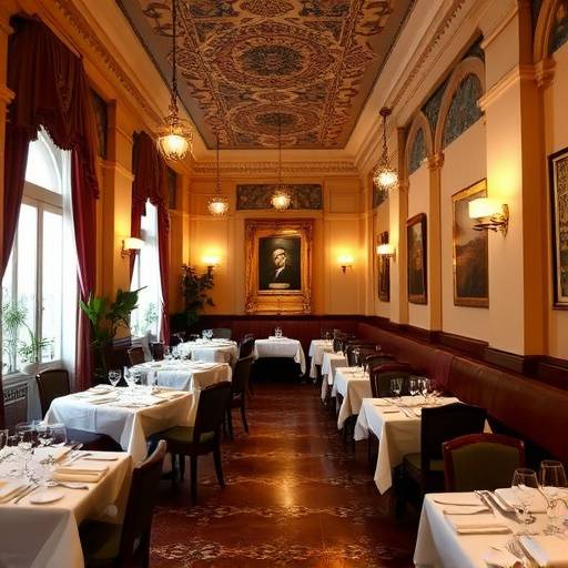 Vista del interior del restaurante El Sabor de Espa&ntilde;a en Madrid, mesas elegantemente preparadas.